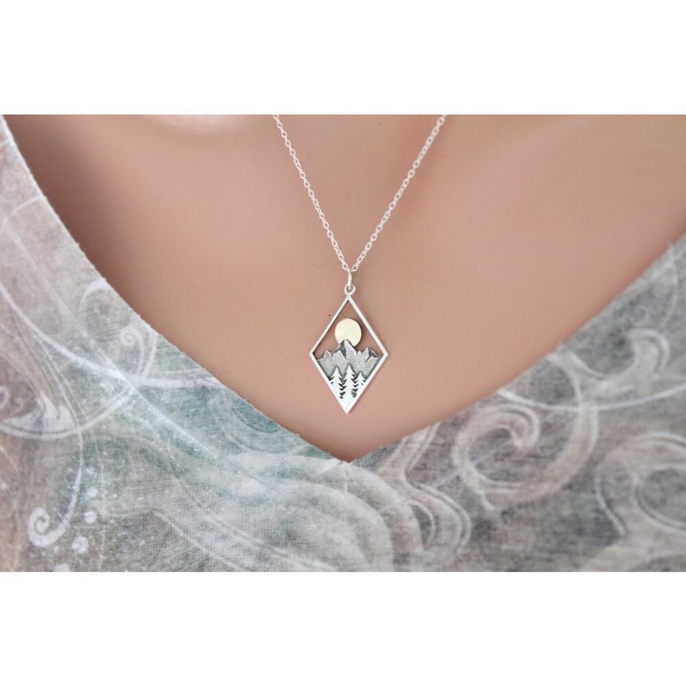 Sterling Silver Diamond Mountain Moon Charm Necklace